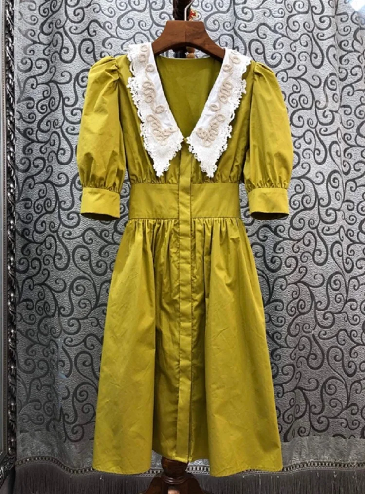 

Cotton Top Quality Dress 2021 Summer Style Women Turn-down Collar Lurex Embroidery Half Sleeve Casual White Brown Green Dress XL