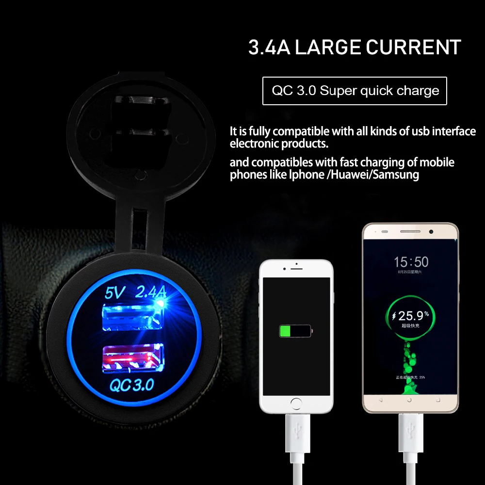 QC 3 0 Автомобильное зарядное устройство для быстрой зарядки с двумя usb-портами