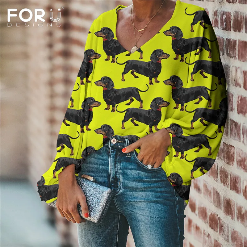 

FORUDESIGNS Large Size Puppy Dachshund Print Women Blouse 2020 Casual Loose Long Sleeve Tops V-neck Shirts Female Clothing