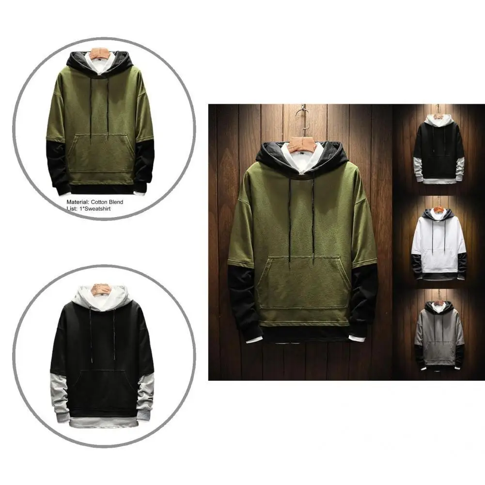

Men Hoodie Long Sleeve Cotton Blend Loose Fit Contrast Color Drawstring Hooded Pullover Sport Hoodie for Home