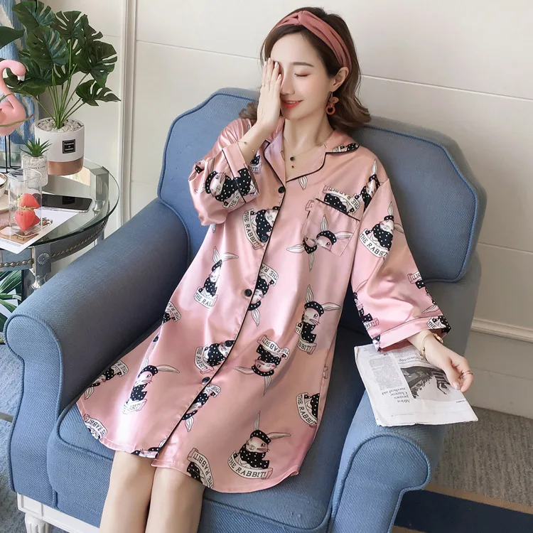 

Cardigan Shirt Nightdress for Female Seven-point Sleeve Satin Nightgowns Chemise Femme Plus Size 5xl Night Shirt Home Sleepwear