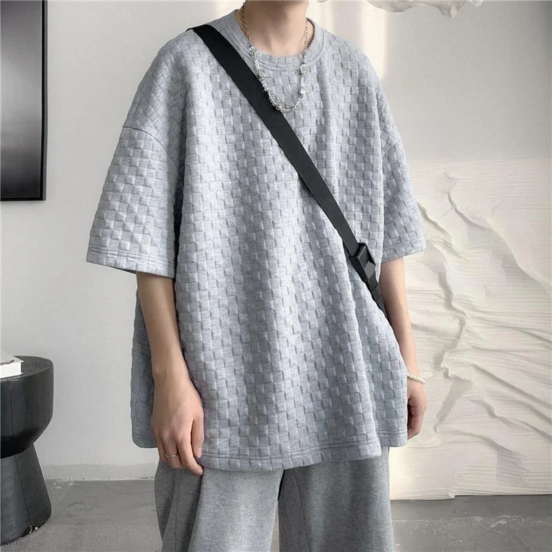 Футболка мужская с вафельным принтом свободная повседневная рубашка оверсайз в