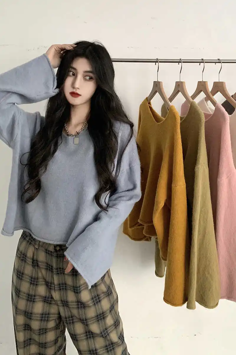 

2021 Autumn-winter New Chic Solid Color Ins Basic Multicolor Vintage Gentle Lazy Women Sweater V- Neck Pullover Fashion Clothing