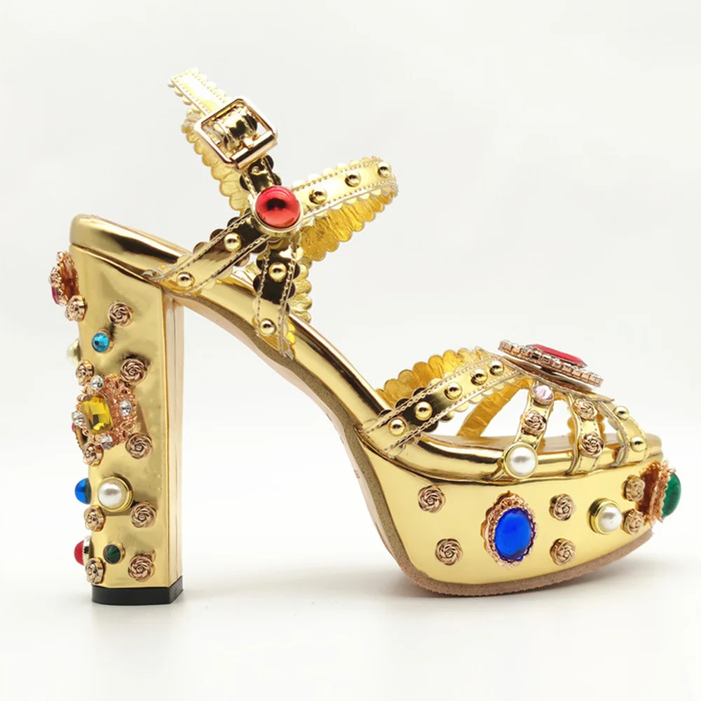 

Womens Rome Platform Peep Toe Gold Beads Diamond Rhinestones Block High Heel Pumps Slingback Shoes Court Baroque Plus Size