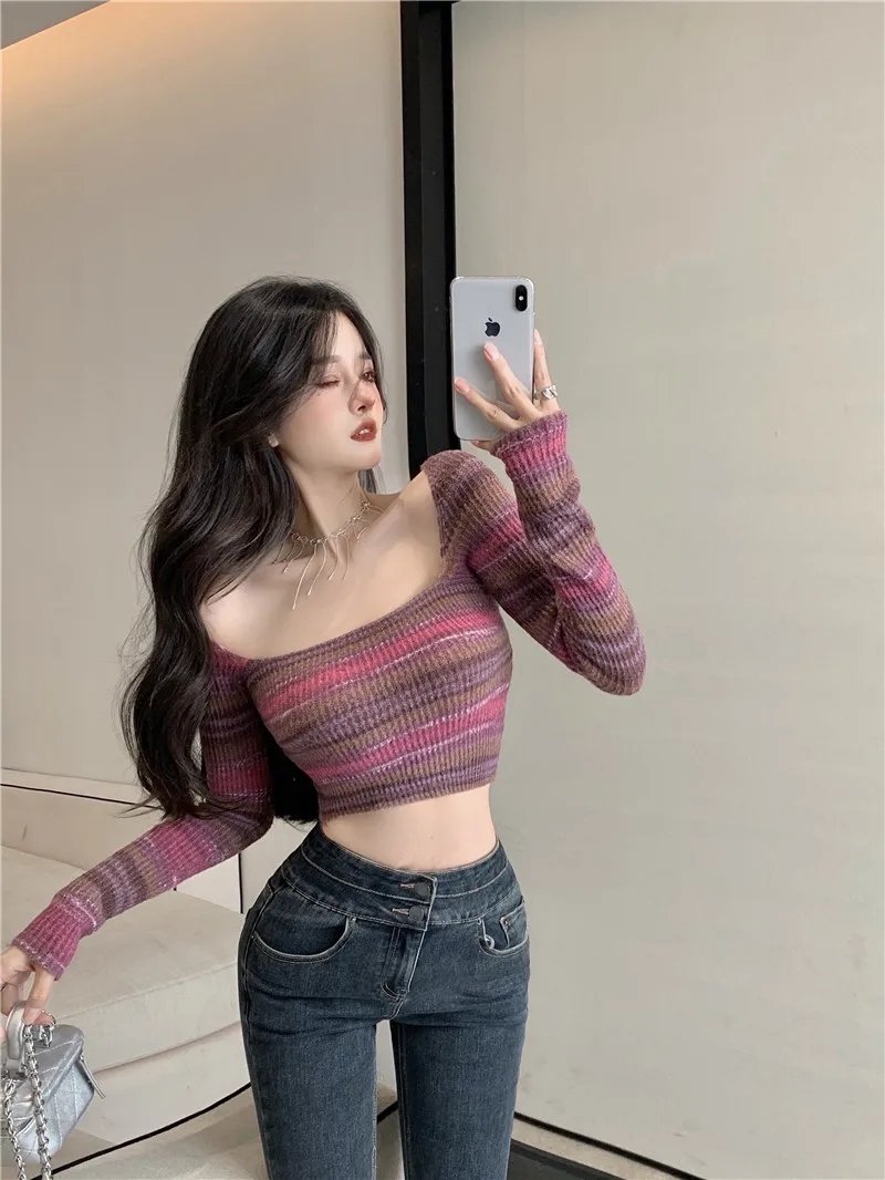 

Women Striped Sweater Skinny Square Collar Sexy Clubed Party Fashion Personality Cute Chic Long Sleeve Purple Knitted Pullovers