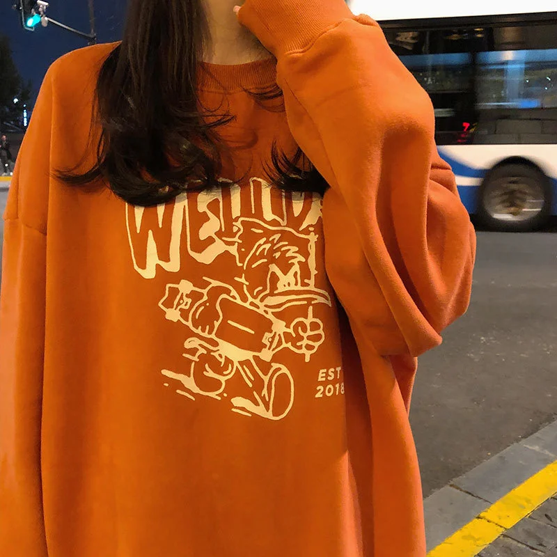 

Real Shot Autumn and Winter Korean Style Vintage Cartoon Print Sweatshirt Women