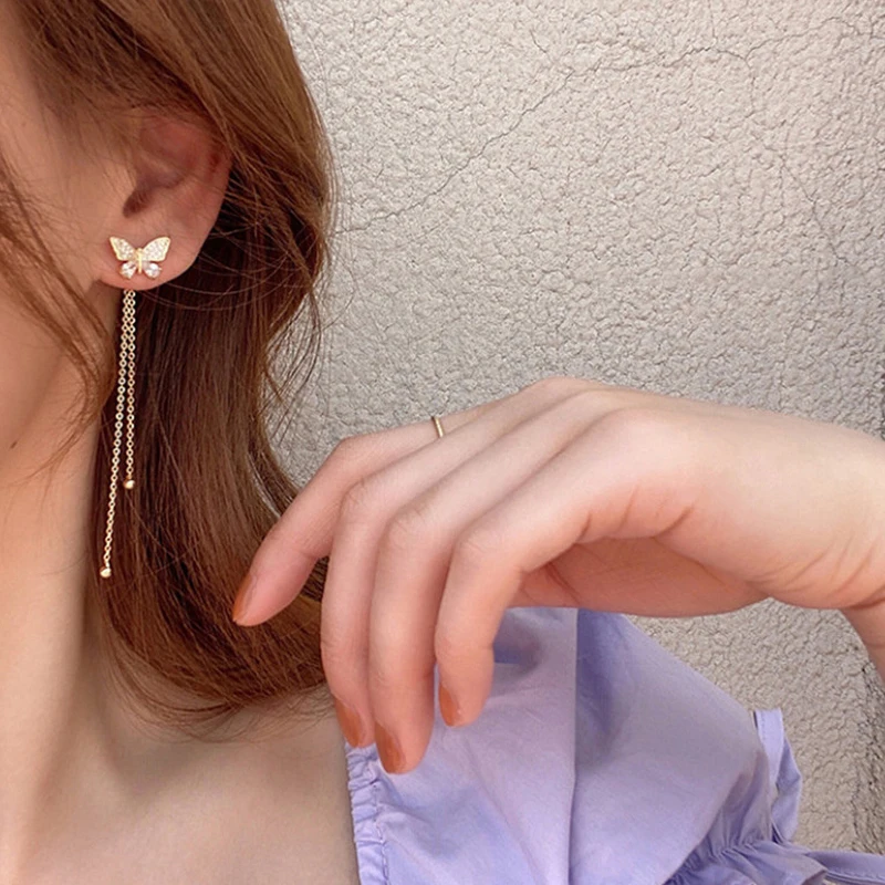 

Two-Wearing-Way Zircon Heart Square Stud Earrings for Women Girls Korean Style Shiny Butterfly Minimlist Dangle Earring Jewelry
