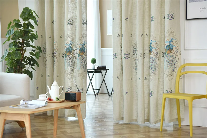 Вышитый Павлин занавеска ткань для гостиной китайский стиль вышитый Павлин вуаль льняная белая прозрачная Тюль X-WP433#40