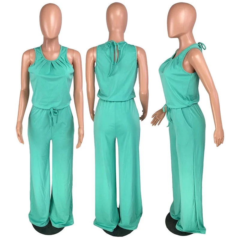 

Elastic Waist Casual One Piece Overalls Women Round Neck Sleeveless Wide Leg Romper Summer Female Pockets Full Length Bodysuits