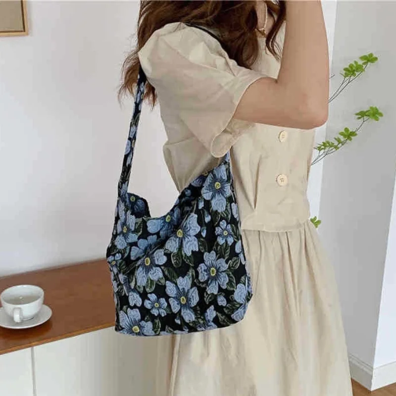 

Vintage Floral Women's Small Shoulder Bag Jacquard Fabric Blue Flower Ladies Underarm Bags Female Girls Mini Tote Bucket Handbag