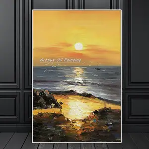 Arthyx Hand Painted Sunset Seaside Landscape Oil Painting On Canvas Modern Abstract Wall Art Pictures For Living Room Home Decor