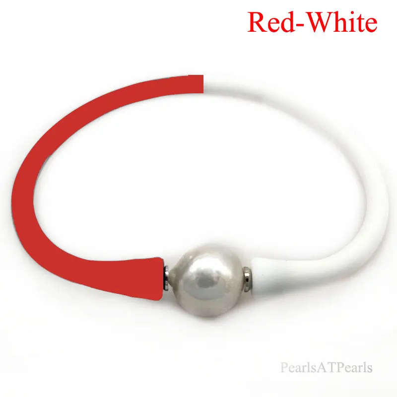 

7 inches 10-11mm One AA Natural Round Pearl White-Red Elastic Rubber Silicone Bracelet For Women