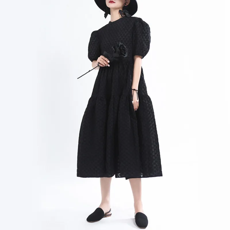 

Johnature 2021 New Casual Fashion Solid Color Puff Sleeve Loose Women Dresses Summer All Match Texture Short Sleeve A-Line Dress
