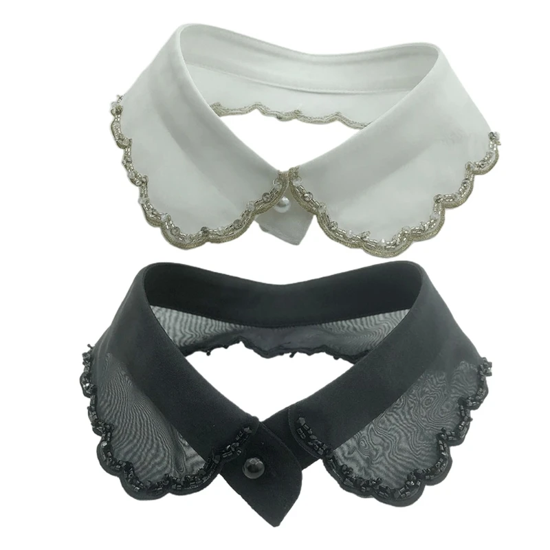 

Women Elegant Organza Embroidery Fake Collar Jewelry Beaded Wavy Scalloped Trim Lapel Choker Necklace Decorative Dickey L5YB