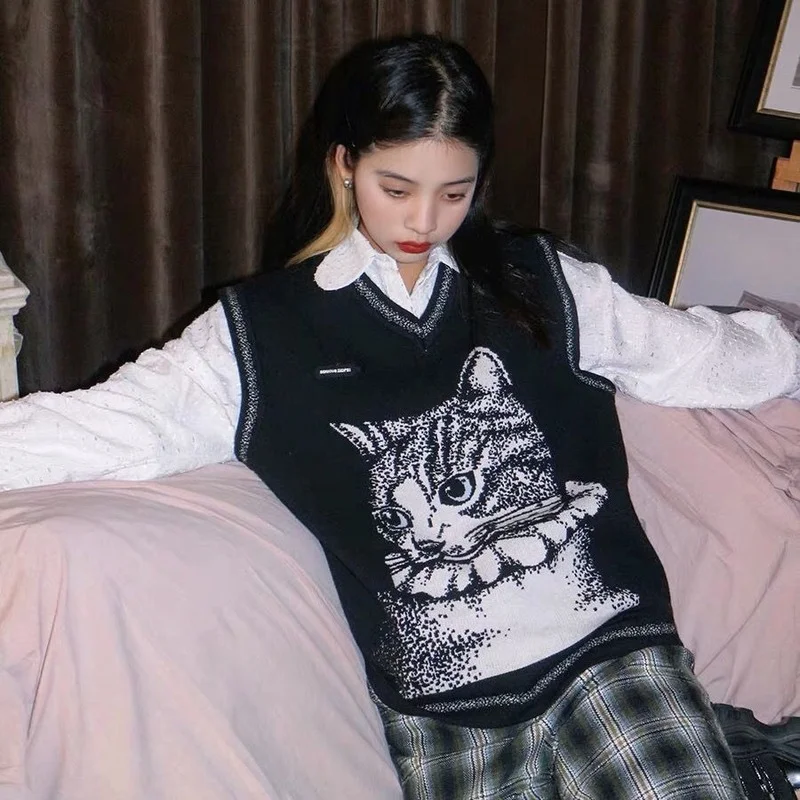 Женский винтажный жилет koshiki в стиле Харадзюку С мультяшным принтом кота и
