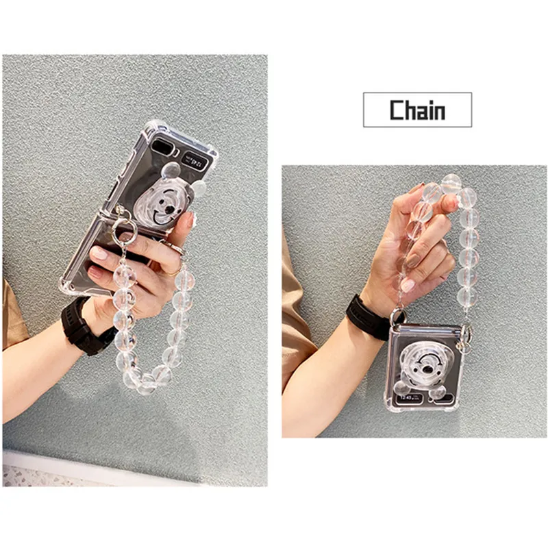

Cute Clear Cartoon Bear Socket Stand Pearl Chain Bracelet Anti-Shock Cases for Samsung Galaxy Z Flip 3 Flip3 5G Protective Capa