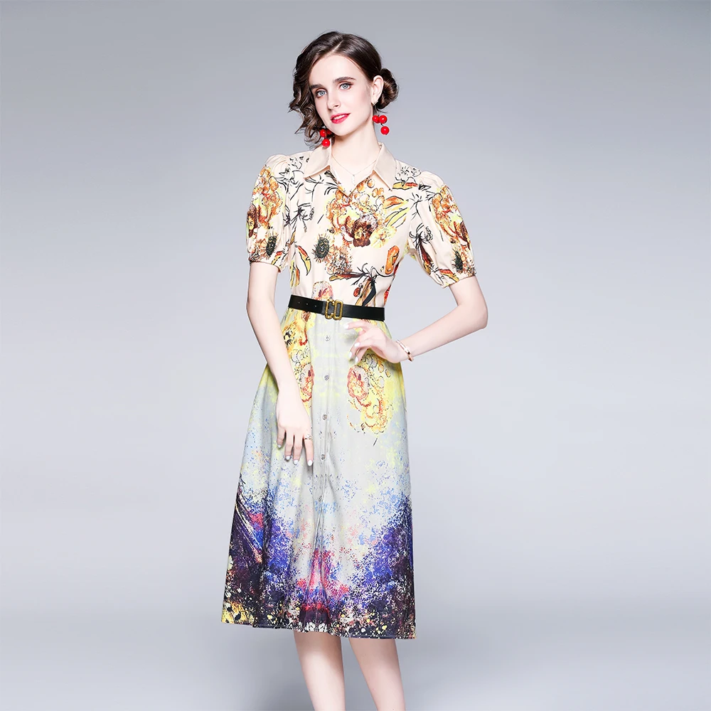 

Dresses for Women Sashes Puff Sleeve Depicting Color Print Big Shirt Dresses Office Lady Turn-down Collar Vestido Midi Elegante