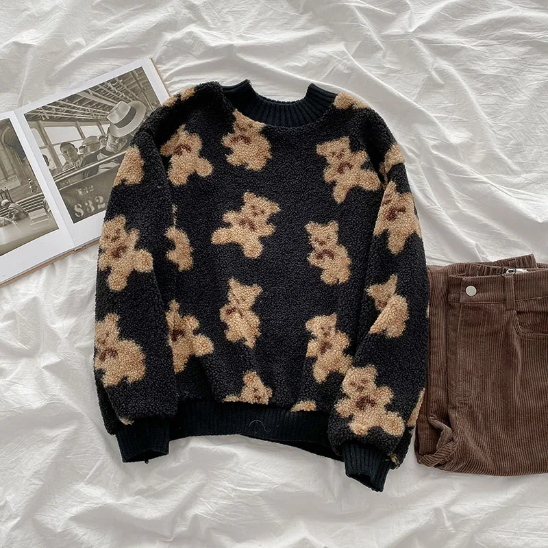 Kuzuwata Chic Funny Cartoon Bear Pattern Women Sweaters 2021 Autumn New Preppy Style Pullovers Casual O Neck Warm Tops 1H874 | Женская