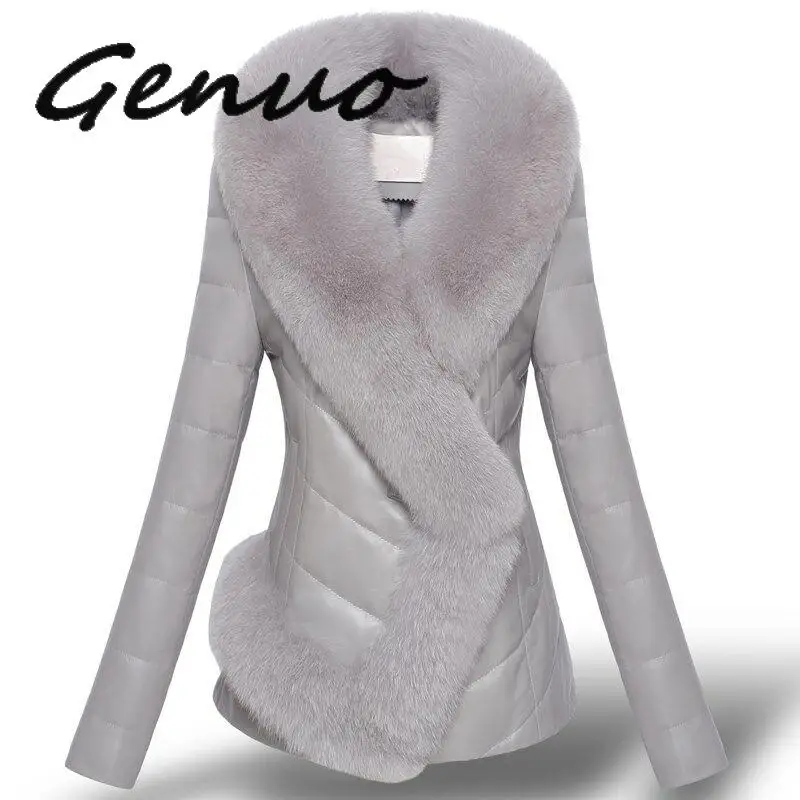 Женская кожаная куртка большого размера с воротником из искусственного меха