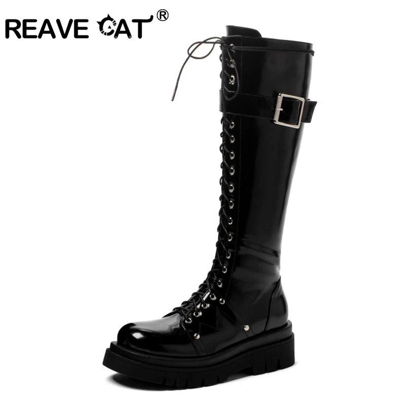 

REAVE CAT Hot Women Knee High Riding Knight Boots Buckle Lace Up Rivet Chunky Platform Military Combat Motorcycle Long Boots 43