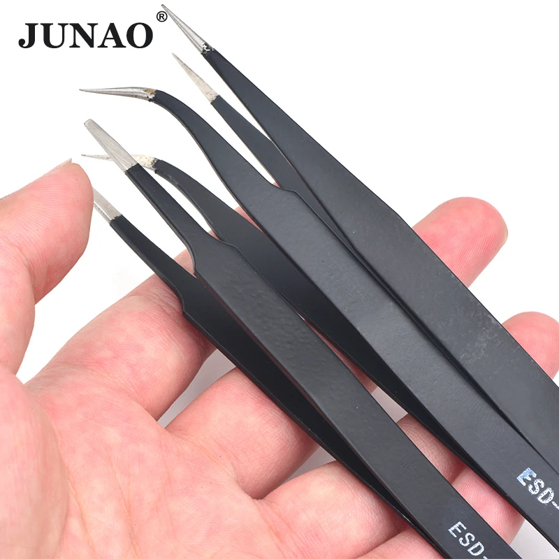 Высококачественный черный Пинцет JUNAO изгиб + прямой с крышкой новый инструмент из