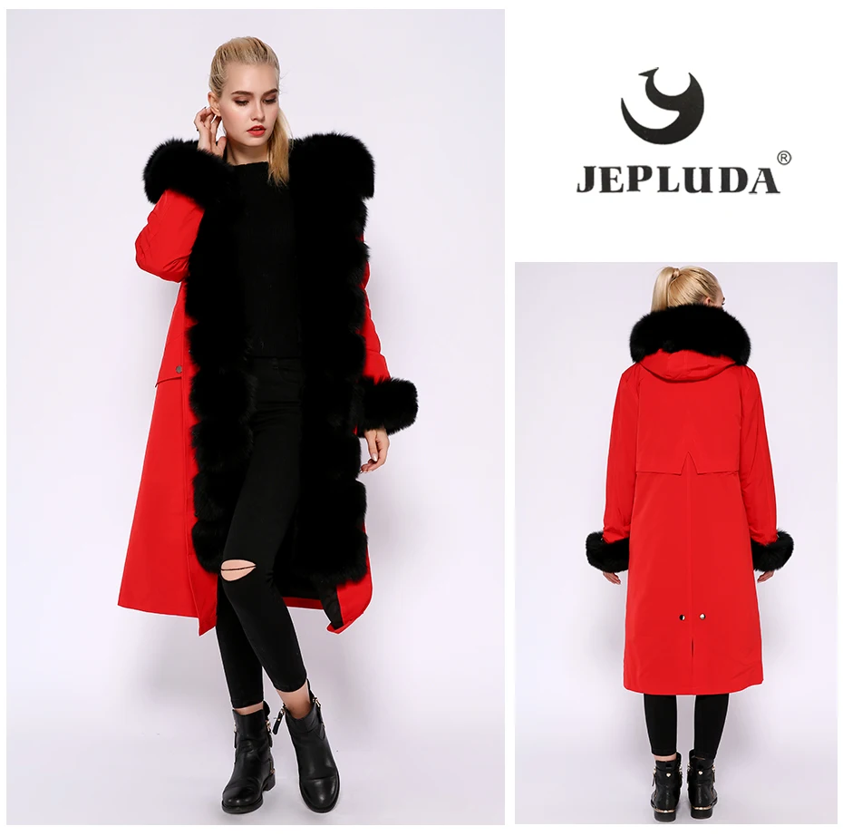 JEPLUDA парка женская с натуральным мехом лисой большой на капюшоном и манжетами меховой подкладкой кролика рекс полный толстый разъемный зимнее женское пальто с мехом съемный женская куртка из натурального меха лиса