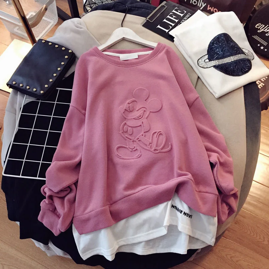 

2021 Brand New Autumn Clothing Large Big Size Ladies Sweater Thin Section Fake Two Loose Cartoon Printing Women Long Sleeve Tops