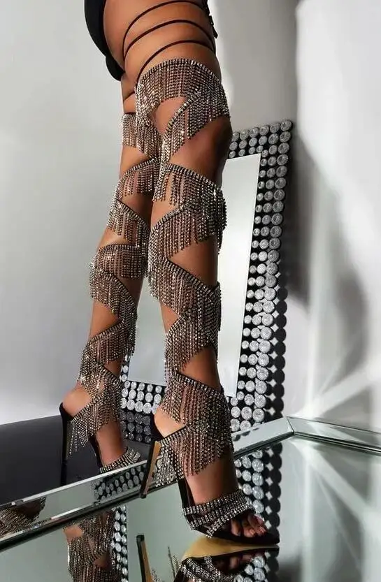 

Stripe Tassel Lace Up Over Knee Boots Sandals Boots Women Bling Fringe Crystal Open Toe Party Shoes Lady Cross-tied Long Boots