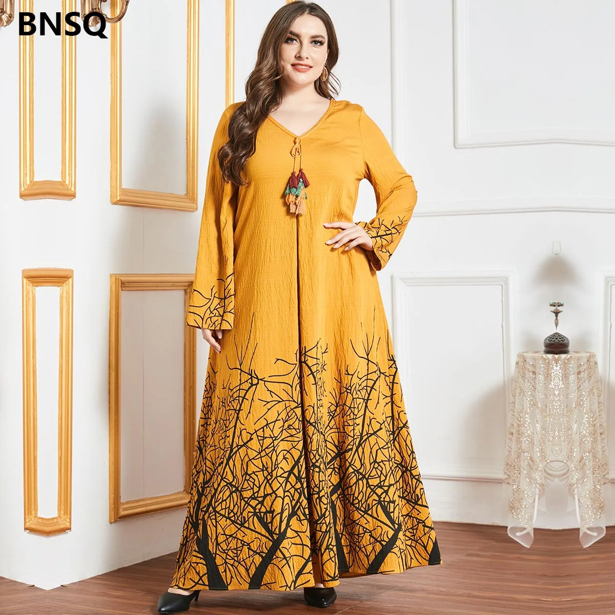 

Middle East Dubai Plus Size Yellow Hui Nationality Ramadan Print Long Sleeve Tassel Urban Casual European And American Arab Long