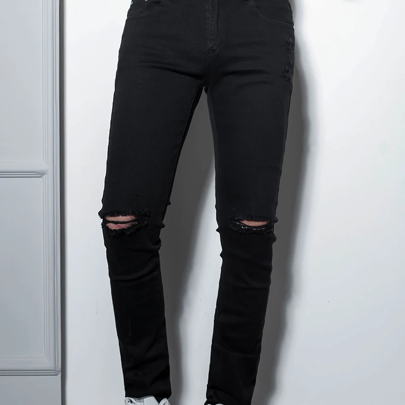 Джинсы с вырезами в виде ножа мужские черные Стрейчевые брюки стиле ретро