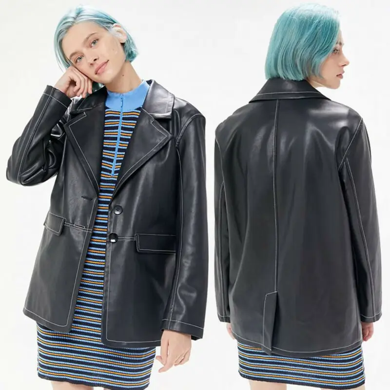 Женская короткая куртка бомбер из ПУ кожи с отложным воротником|Кожаные куртки| |