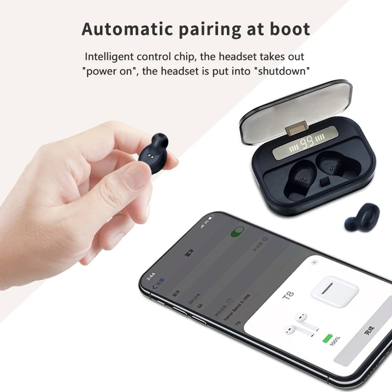 Ture Беспроводные стерео Bluetooth наушники с микрофоном, дисплей питания, музыкальная кнопка управления, Bluetooth наушники-вкладыши для смартфона