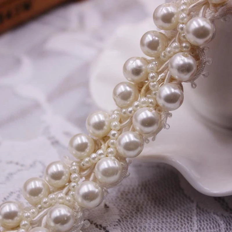 1 ярдов/партия белый черный жемчуг бисерная кружевная ткань вышитая лента