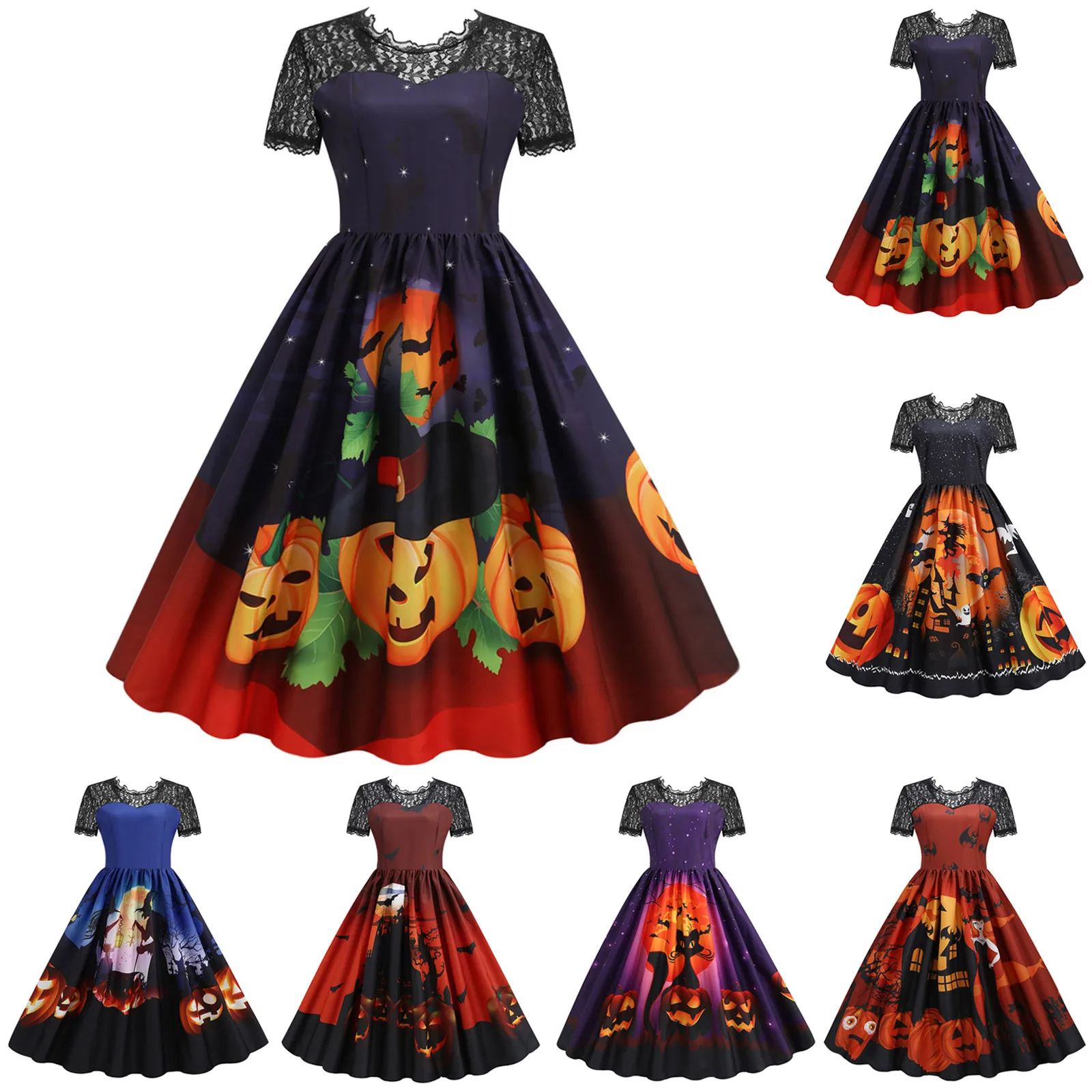 

Halloween Costume For Women Plus Size Short Sleeve Lace 1950s Housewife Evening Party Prom Dress Elegant Scary Costumes Cosplay