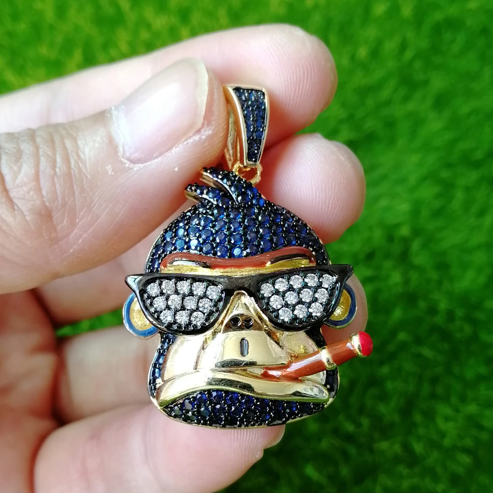 

Cubic Zircon Iced Clocks Gold Fashion Cartoon Monkey Smoke Pendant Necklace Hip Hop Jewelry Statement Necklaces For Man Wome