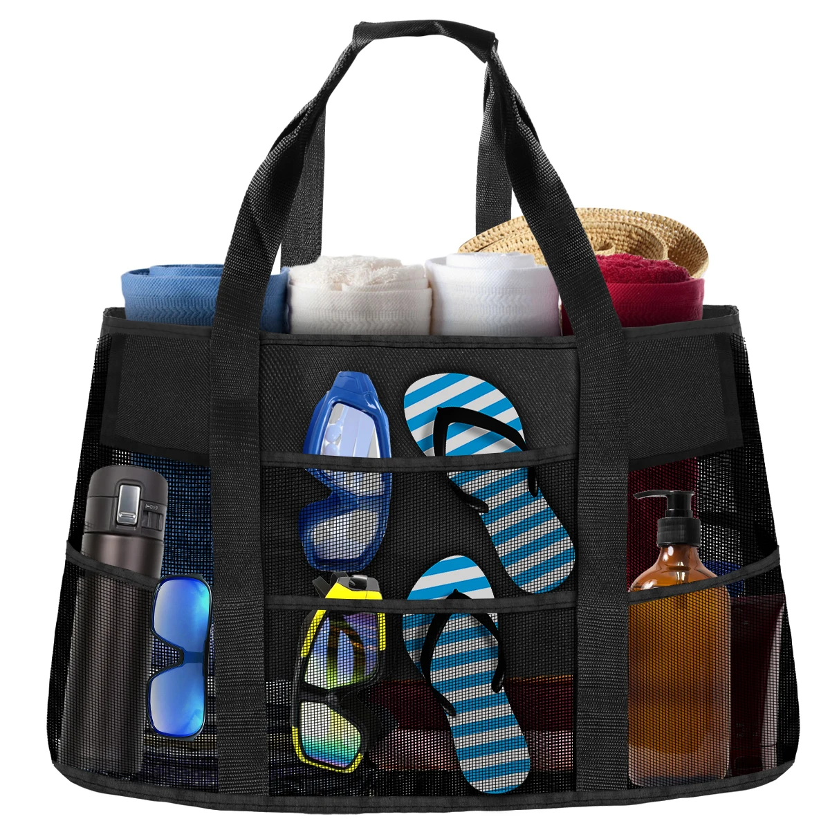 

Mesh Large Picnic Beach Bag Multipurpose Folding Tote Bag Grocery Storage Park Travel Sports Bags with Pockets