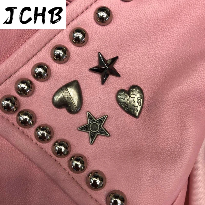 

2021 Haining Spring Real Sheepskin Rivets Jackets Women Fashion Motorcycle Slim Short Leather Coat Black Pink Y273