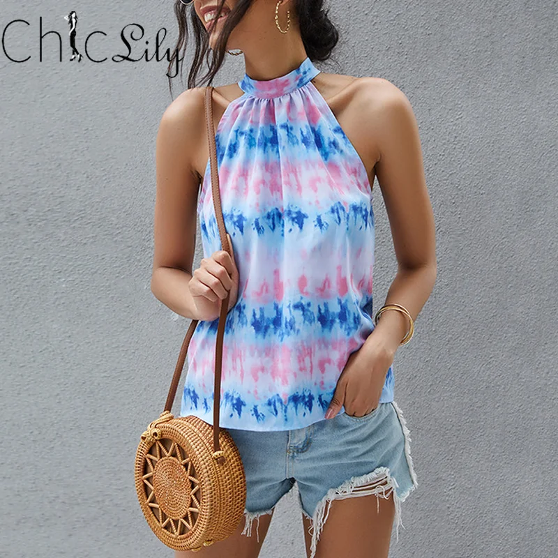 

Chiclily Casual Tie-dye Gradient Sexy Halter Strap Tank Off-shoulder Sleeveless Camis Womens Tops Street Style Vintage Clothes