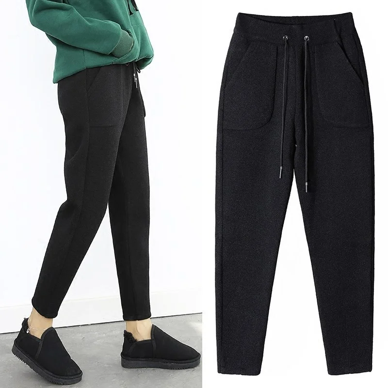 

Cashmere Harem Pants Women Casual Pants Black Woolen Pants 2021 New Autumn and Winter Ustyle0453
