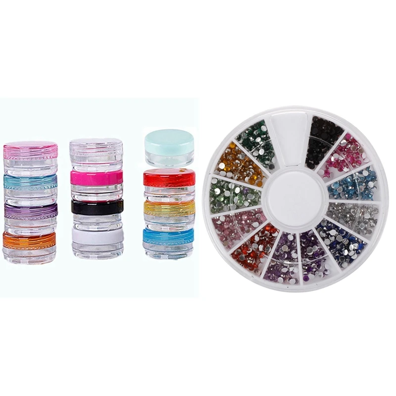 

HAEGER 900 Pcs Nail Art Set Strasburg Rhinestone Stone Metal Foil & 12Pcs Assorted 5G Empty Plastic Makeup Jars Pots(Assorted)