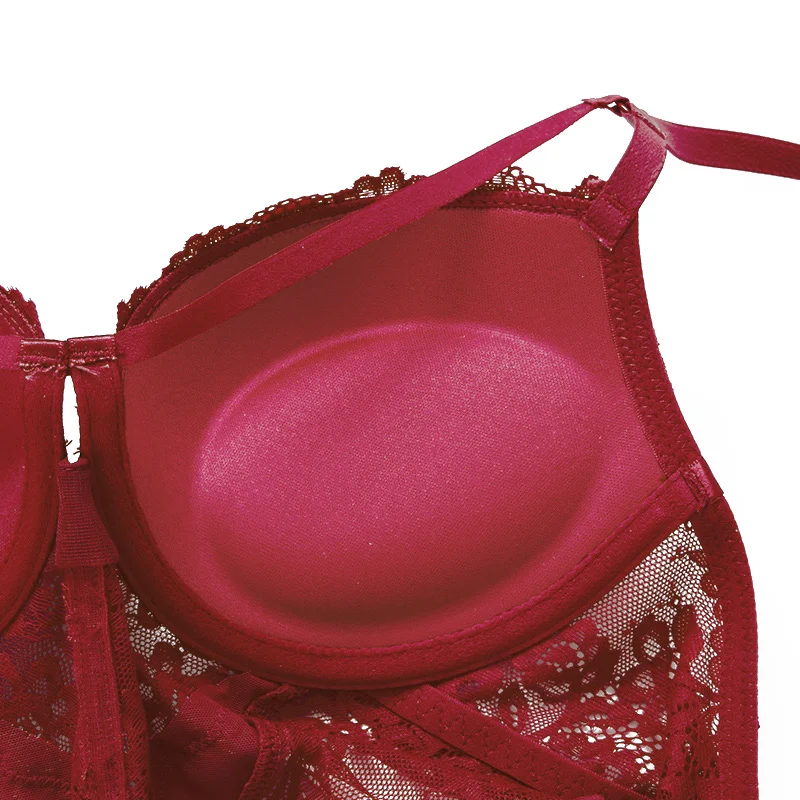 Sexy Body Women Push Up Strappy Cup Underwire Hollow Out Back Floral Pattern Bodysuit Lingerie Bra with Openable Crotch | Женская одежда