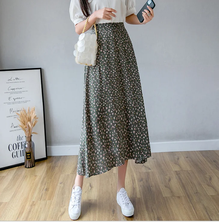 

2021 Womens Floral Print Skirts Vintage Elastic High Waist Midi Skirt Summer New Sweet Ladies Holiday Skirt Women Long Skirts