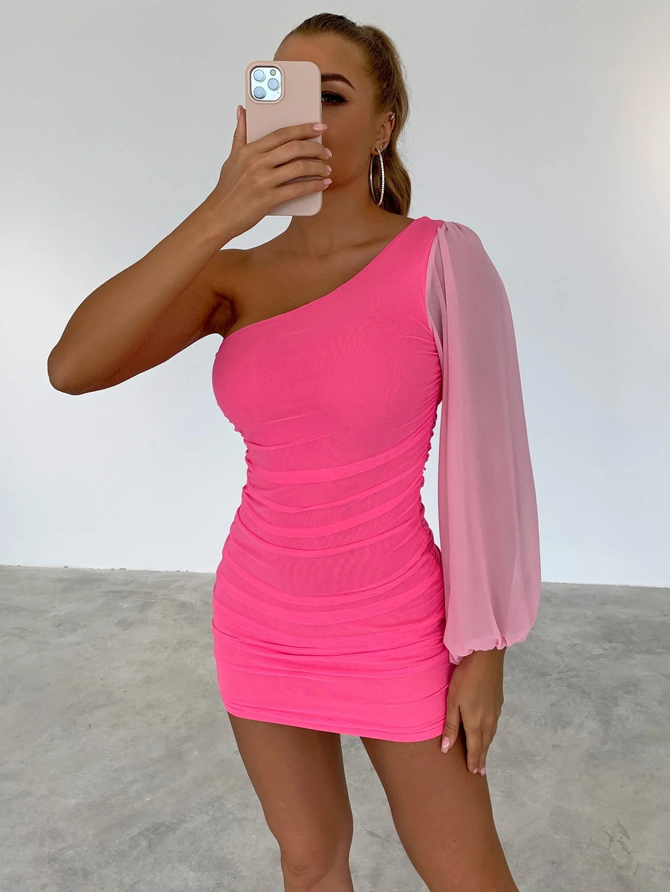 

EvaQueen One Shoulder Mesh Bodycon Dress