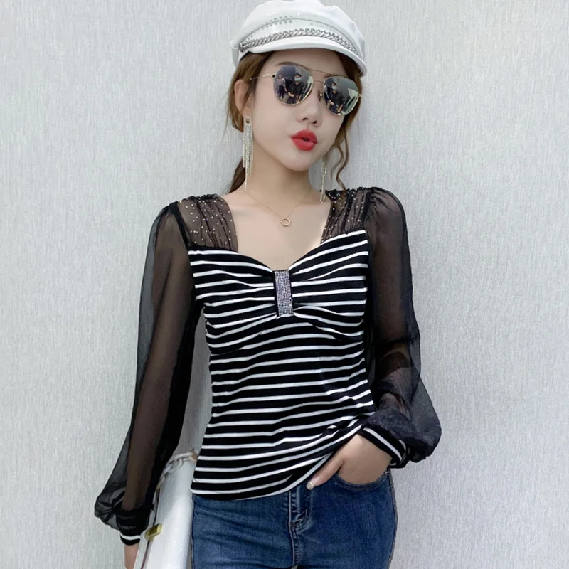 

New 2021 Spring Woman's T-Shirt Fashion Casual Long Sleeve Mesh Shirt Elegant Slim Lantern Sleeve Tops For Women