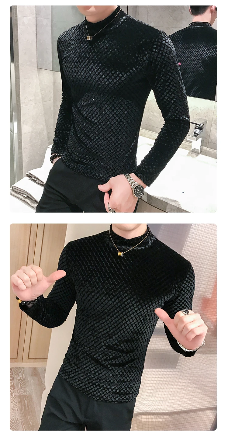 Fashion men plaid sweater long sleeve pullover winter thick warm turtleneck black casual pullover male slim fit knitted sweater