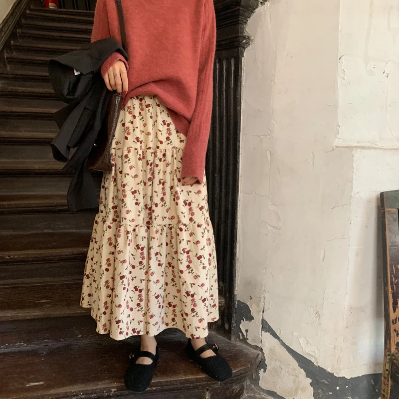 

HziriP 2020 Autumn New Skirt For Women Floral Corduroy High Waist Loose Fashion Elegance All-Match Female Office Lady A-Line