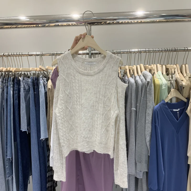 

2021 Early Autumn New Style Wool Top Women Korean Temperament Twist Knit Slip-shoulder Sweet Sweater KK729