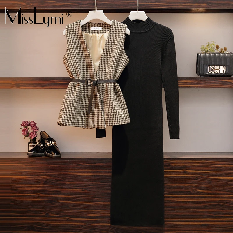 MissLymi L-5XL свитер платье набор 2019 осень зима большой размер женский костюм жилет +
