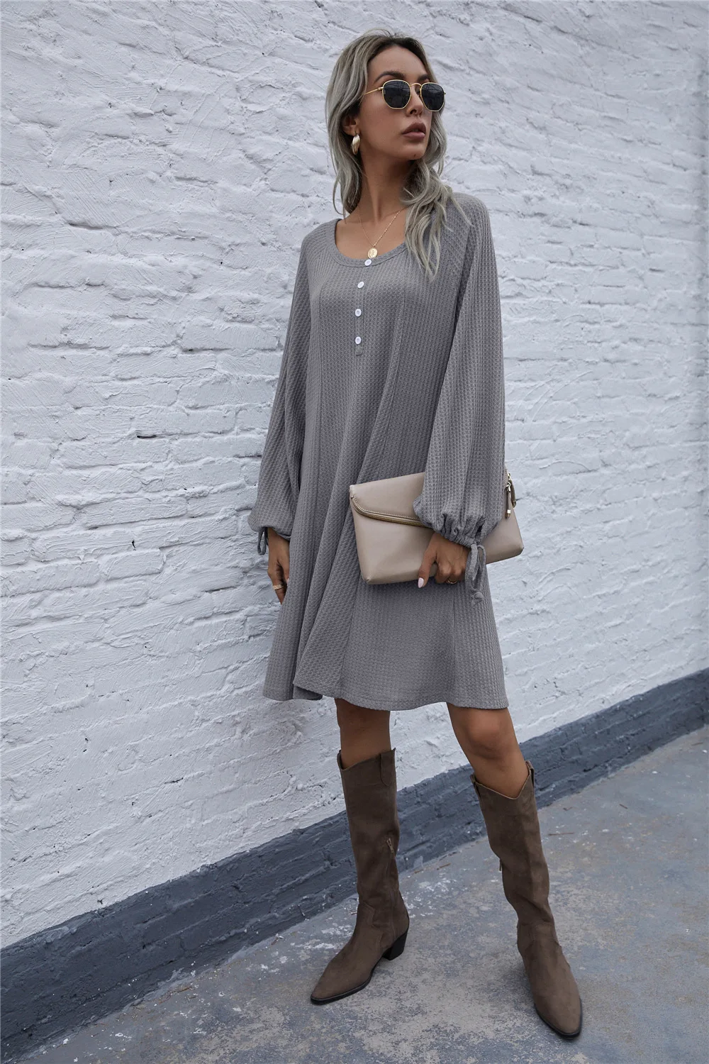 

Casual Buttons Crew Neck Women Dress Autumn Winter Clothes Loose Drawstring Lantern Sleeve Knit Dress Vestidos Largos De Verano