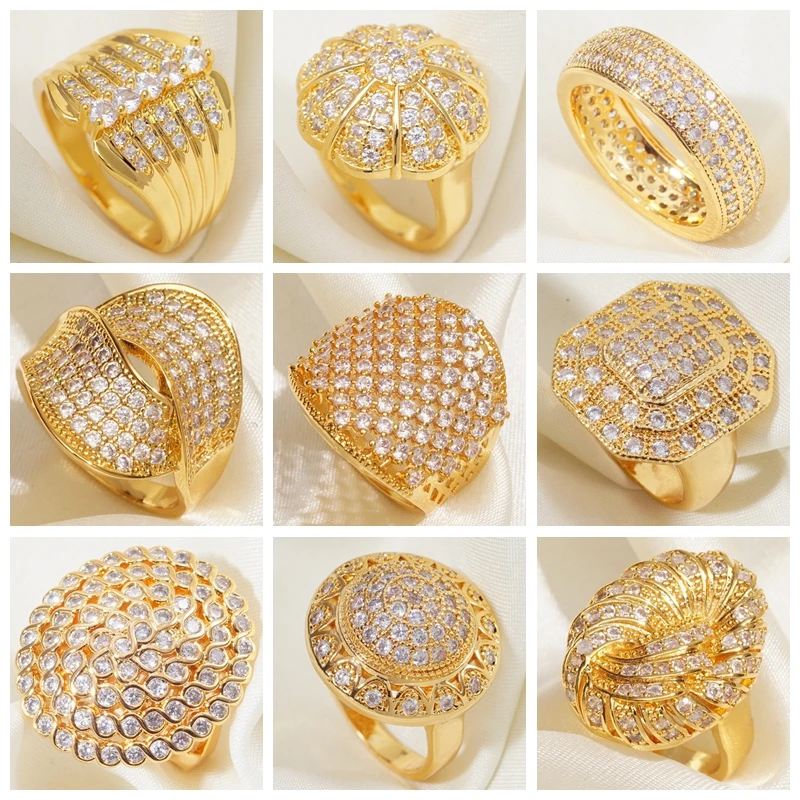 Hyperbole Luxury Wedding Unique Gold Plt Rings for Women Middle East Style Cubic Zircon Fashion Dubai Jewelry Dropshipping